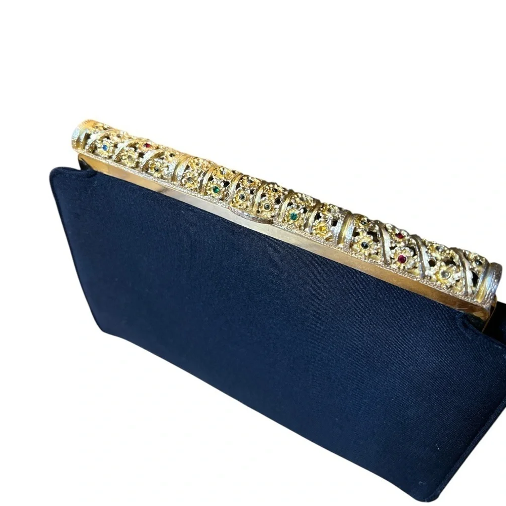 Vintage 1950s Jeweled Filigree Evening Clutch Navy Satin MCM Purse